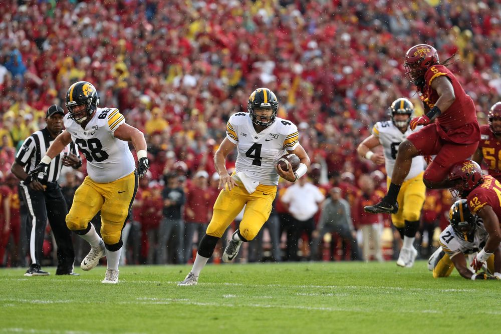 Iowa Hawkeyes quarterback Nate Stanley (4) against the Iowa State Cyclones Saturday, September 14, 2019 at Jack Trice Stadium in Ames, Iowa. (Brian Ray/hawkeyesports.com)