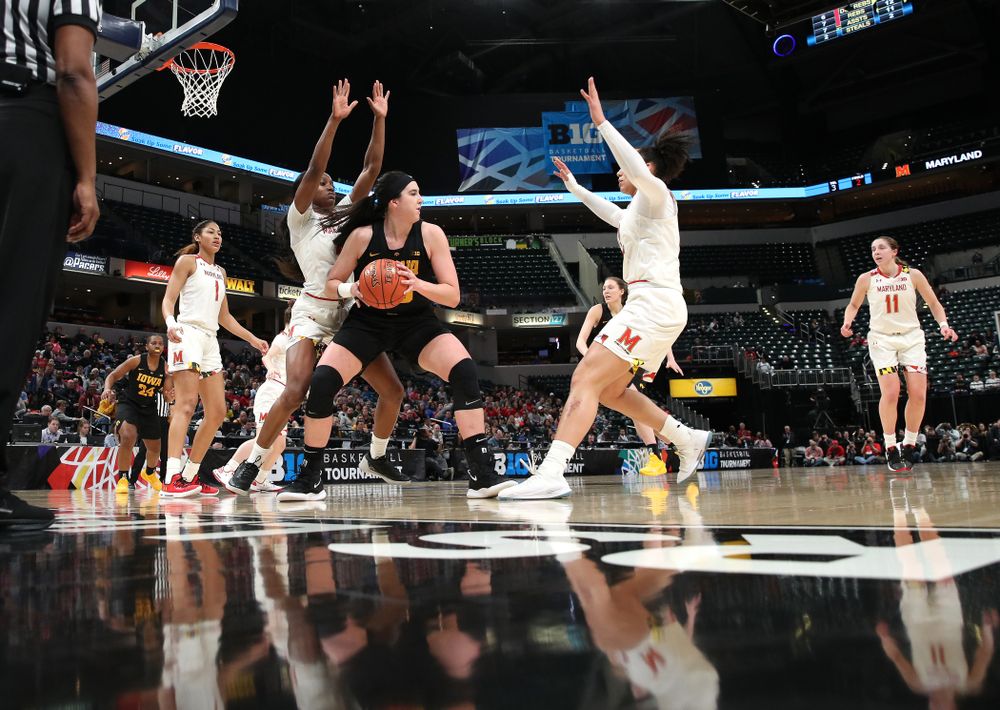 Iowa Hawkeyes forward Megan Gustafson (10) against the Maryland Terrapins in the Big Ten Championship Game Sunday, March 10, 2019 in Indianapolis, Ind. (Brian Ray/hawkeyesports.com)