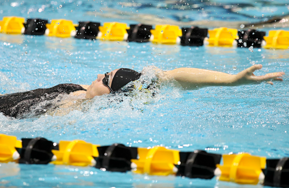 Iowa’s Samantha Sauer swims the backstroke section of the 100-yard individual medley event during their meet against Michigan State at the Campus Recreation and Wellness Center in Iowa City on Thursday, Oct 3, 2019. (Stephen Mally/hawkeyesports.com)
