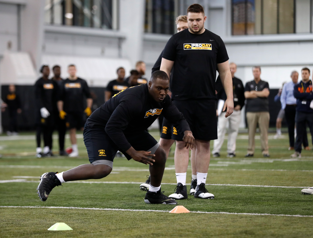 Iowa Hawkeyes offensive lineman James Daniels (78) during the team's annual pro day Monday, March 26, 2018 at the Hansen Football Performance Center. (Brian Ray/hawkeyesports.com)
