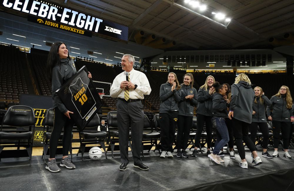 Henry B. and Patricia B. Tippie Director of Athletics Chair announces that the jersey of Iowa Hawkeyes forward Megan Gustafson (10) will be retired at a ceremony next season during the teamÕs Celebr-Eight event Wednesday, April 24, 2019 at Carver-Hawkeye Arena. (Brian Ray/hawkeyesports.com)