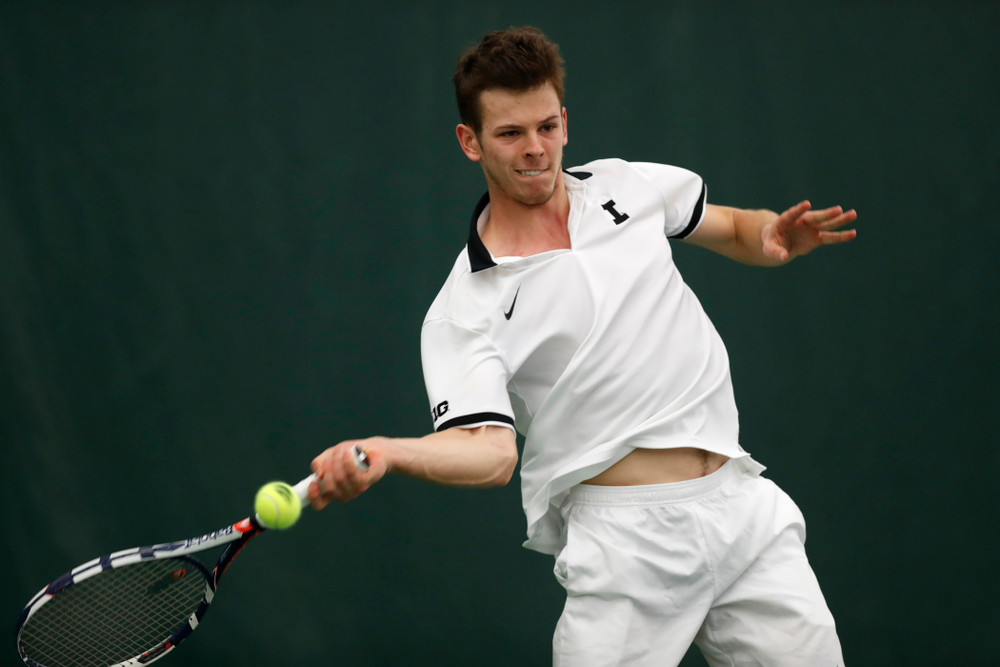Piotr Smietana against Purdue Sunday, April 15, 2018 at the Hawkeye Tennis and Recreation Center. (Brian Ray/hawkeyesports.com)