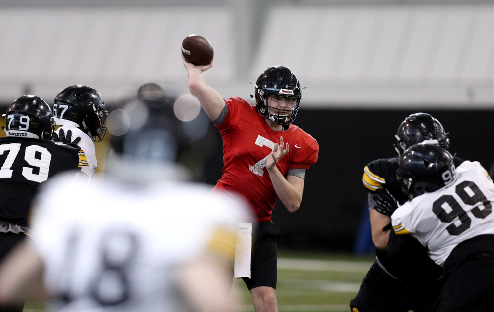 Iowa Hawkeyes quarterback Spencer Petras (7) during practice Wednesday, December 12, 2018 at the Hansen Football Performance Center in preparation for the Outback Bowl game against Mississippi State. (Brian Ray/hawkeyesports.com)