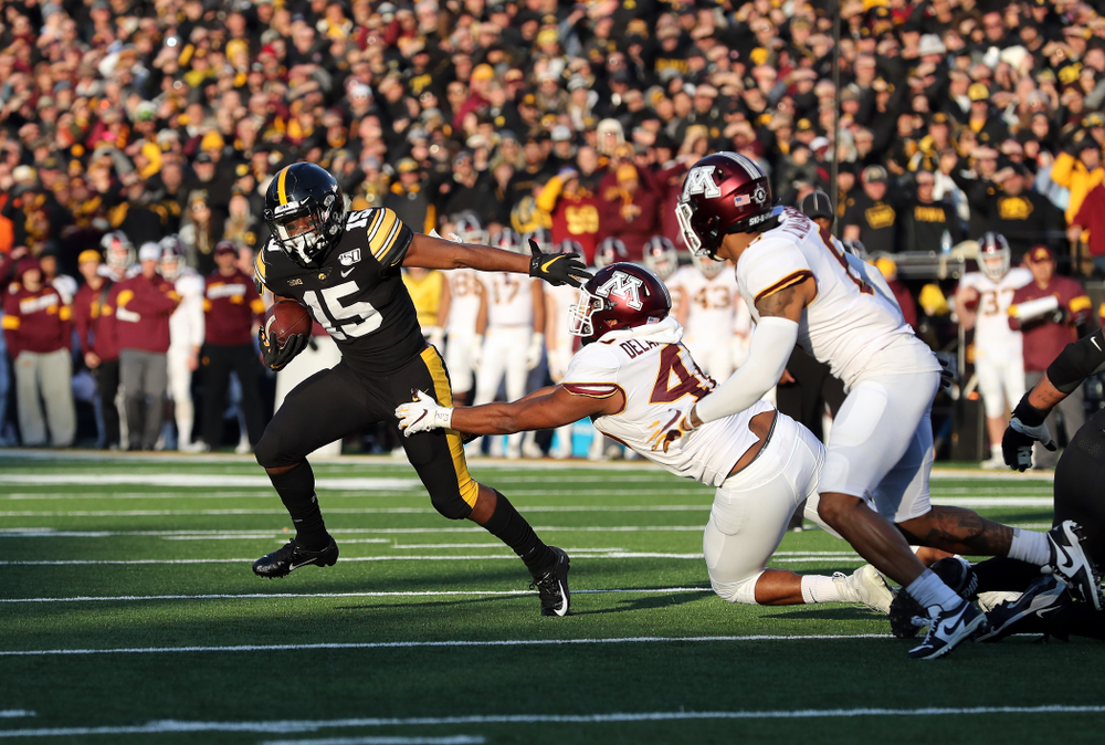 Iowa Hawkeyes running back Tyler Goodson (15) scores against the Minnesota Golden Gophers Saturday, November 16, 2019 at Kinnick Stadium. (Brian Ray/hawkeyesports.com)