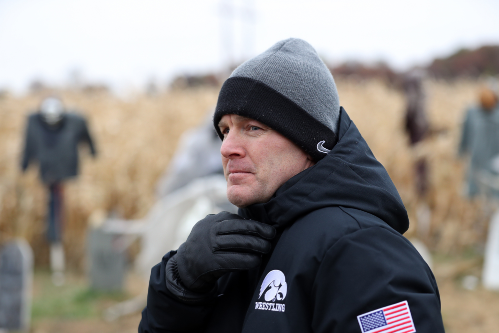 Iowa Wrestling Head Coach Tom Brands answers questions from reporters during the teamÕs annual media day Wednesday, October 30, 2019 at Kroul Family Farms in Mount Vernon. (Brian Ray/hawkeyesports.com)