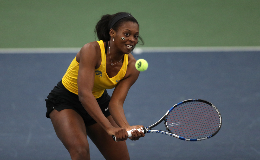 Iowa's Adorabol Huckleby against the Iowa State Cyclones Friday, February 8, 2019 at the Hawkeye Tennis and Recreation Complex. (Brian Ray/hawkeyesports.com)