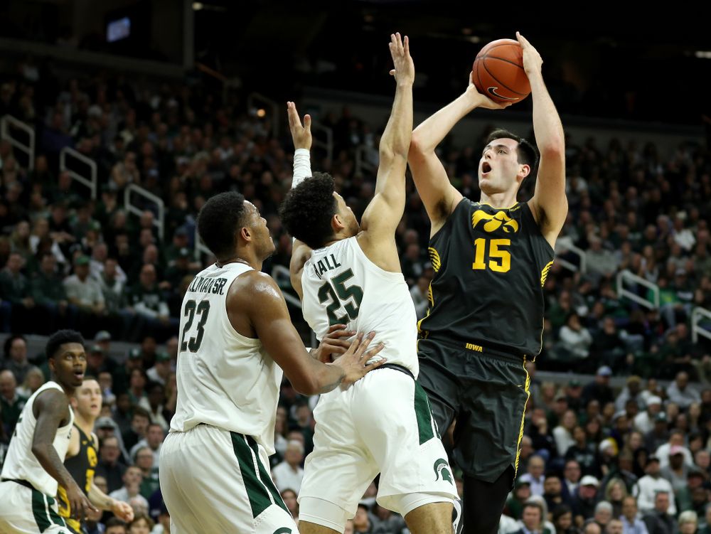 Iowa Hawkeyes forward Ryan Kriener (15) against Michigan State Tuesday, February 25, 2020 at the Breslin Center in East Lansing, MI. (Brian Ray/hawkeyesports.com)