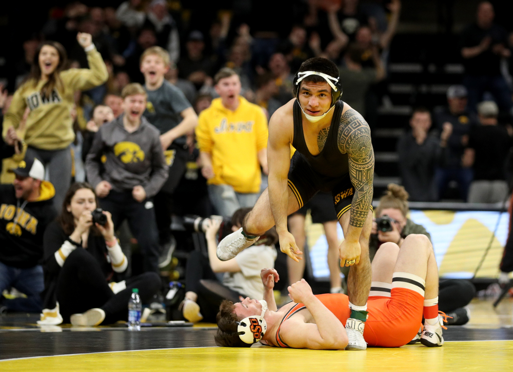 Iowa’s Pat Lugo Wrestles Oklahoma State’s Boo Luwallen at 149 pounds Sunday, February 23, 2020 at Carver-Hawkeye Arena. Lugo won the match by fall. (Brian Ray/hawkeyesports.com)