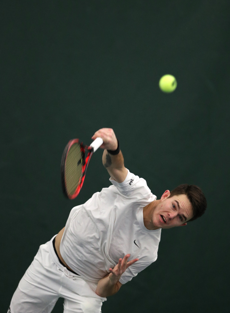 Iowa's Jonas Larsen against North Dakota Friday, January 25, 2019 at the Hawkeye Tennis and Recreation Complex. (Brian Ray/hawkeyesports.com)