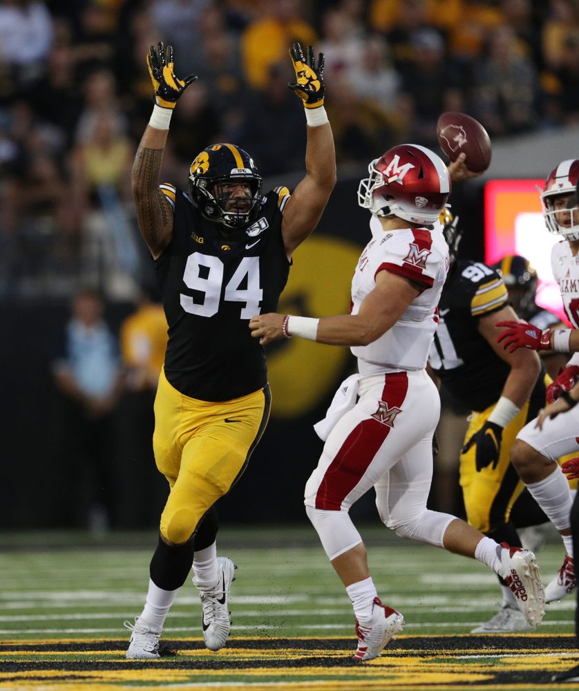 Iowa Hawkeyes defensive end A.J. Epenesa (94) against the Miami RedHawks Saturday, August 31, 2019 at Kinnick Stadium in Iowa City. (Brian Ray/hawkeyesports.com)