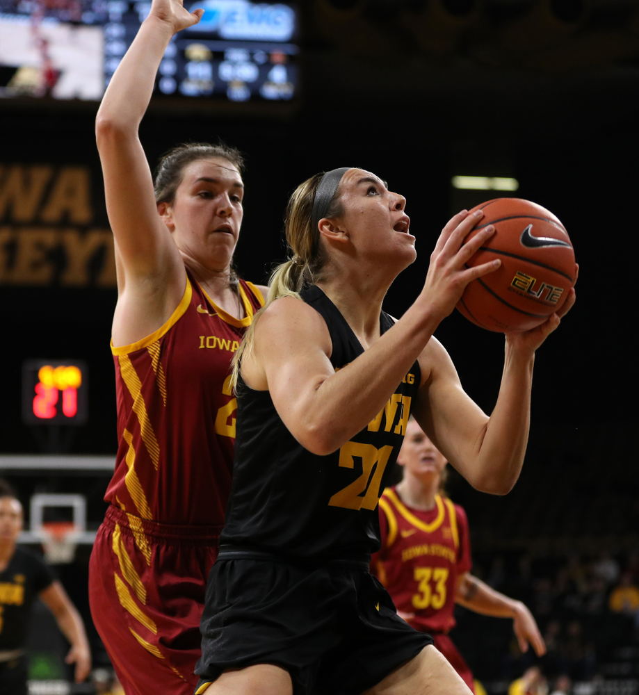 Iowa Hawkeyes forward Hannah Stewart (21) against the Iowa State Cyclones in the Iowa Corn Cy-Hawk Series Wednesday, December 5, 2018 at Carver-Hawkeye Arena. (Brian Ray/hawkeyesports.com)