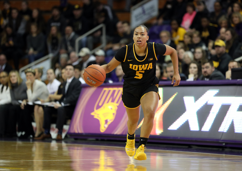 Iowa Hawkeyes guard Alexis Sevillian (5) against Northern Iowa Sunday, November 17, 2019 at the McLeod Center. (Brian Ray/hawkeyesports.com)