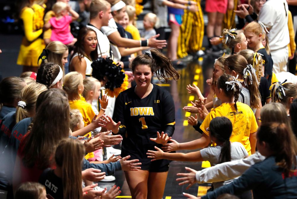 Iowa Hawkeyes defensive specialist Molly Kelly (1) against the Michigan Wolverines Sunday, September 23, 2018 at Carver-Hawkeye Arena. (Brian Ray/hawkeyesports.com)