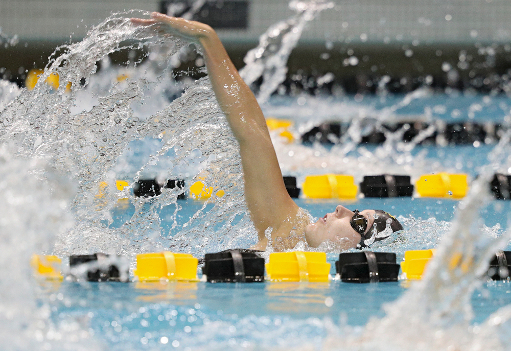 Iowa’s Aleksandra Olesiak swims the backstroke section of the 100-yard individual medley event during their meet against Michigan State at the Campus Recreation and Wellness Center in Iowa City on Thursday, Oct 3, 2019. (Stephen Mally/hawkeyesports.com)
