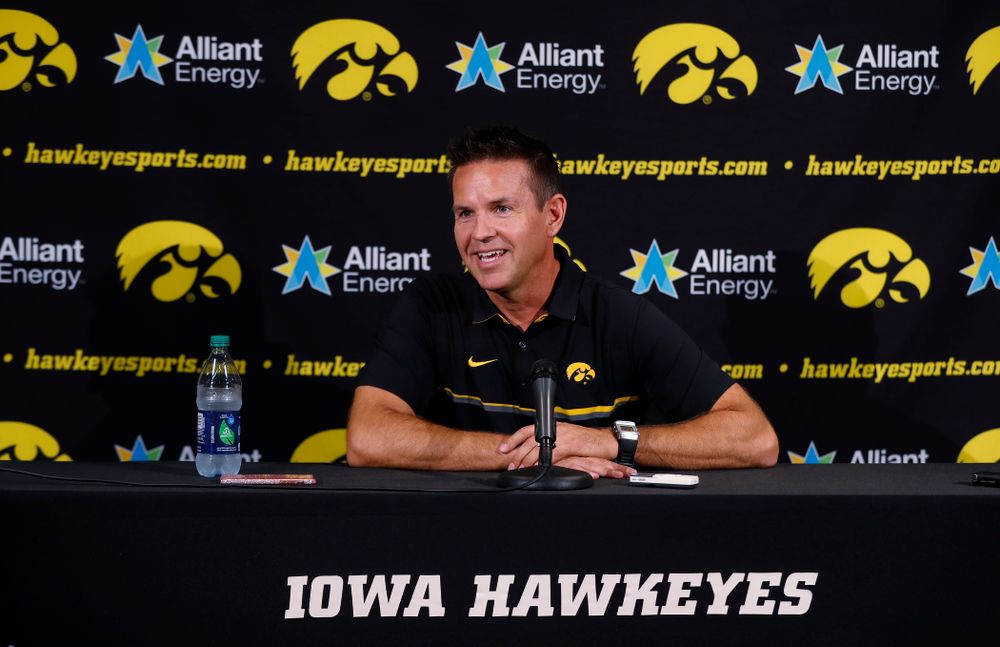 Iowa Hawkeyes head coach Bond Shymansky answers questions from reporters during the team's annual media day Friday, August 17, 2018 at Carver-Hawkye Arena. (Brian Ray/hawkeyesports.com)