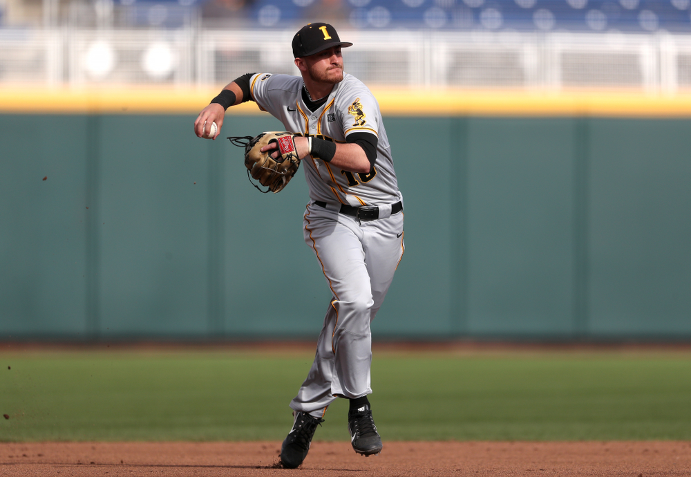 Iowa Hawkeyes Tanner Wetrich (16) against the Indiana Hoosiers in the first round of the Big Ten Baseball Tournament Wednesday, May 22, 2019 at TD Ameritrade Park in Omaha, Neb. (Brian Ray/hawkeyesports.com)