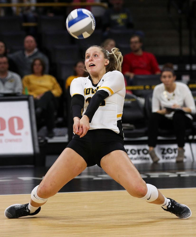 Iowa Hawkeyes defensive specialist Maddie Slagle (15) bumps the ball during a match against Nebraska at Carver-Hawkeye Arena on November 7, 2018. (Tork Mason/hawkeyesports.com)