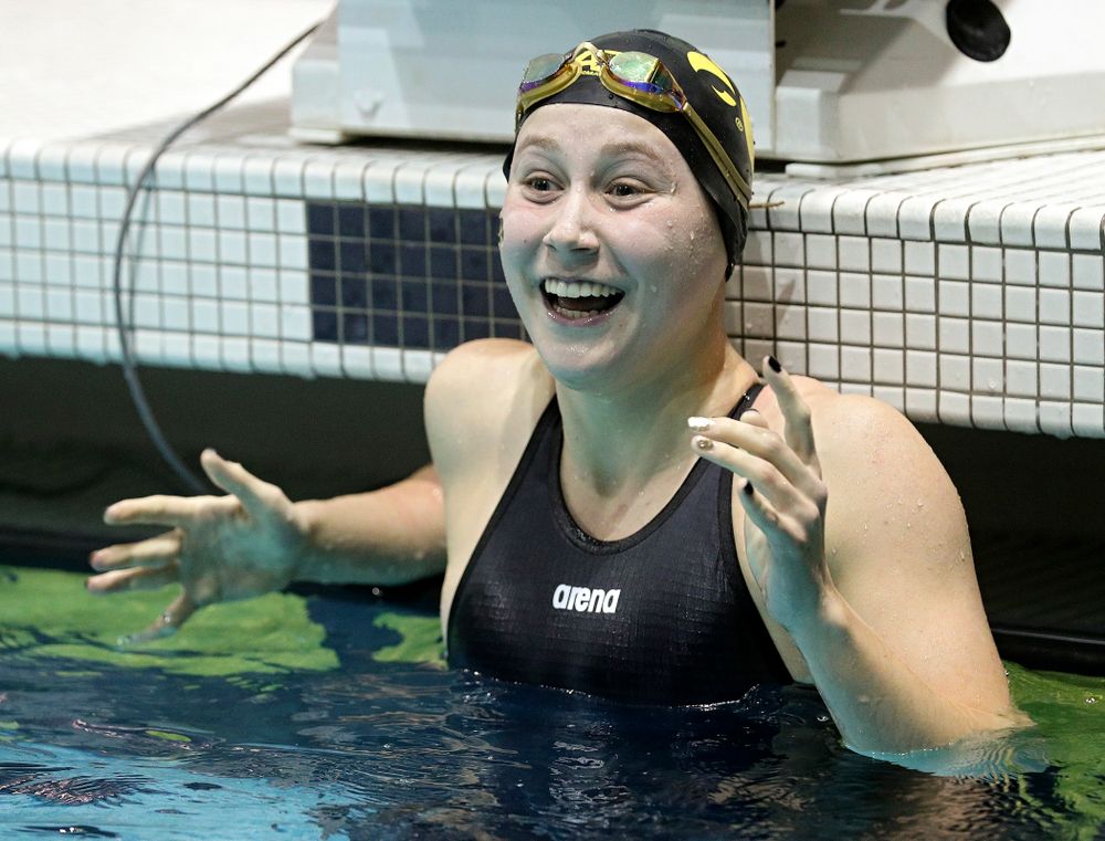 Iowa’s Aleksandra Olesiak reacts after setting a career-best time in the women’s 200 yard breaststroke C final event during the 2020 Women’s Big Ten Swimming and Diving Championships at the Campus Recreation and Wellness Center in Iowa City on Saturday, February 22, 2020. (Stephen Mally/hawkeyesports.com)