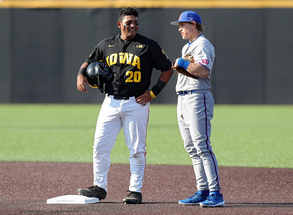 Iowa infielder Izaya Fullard (20) talks on second base during the first inning of their college baseball game at Duane Banks Field in Iowa City on Tuesday, March 10, 2020. (Stephen Mally/hawkeyesports.com)