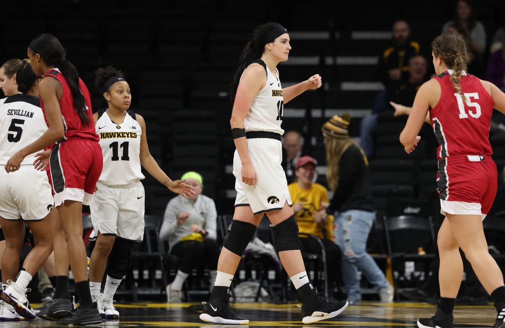 Iowa Hawkeyes forward Megan Gustafson (10) against the IUPUI Jaguars Saturday, December 8, 2018 at Carver-Hawkeye Arena. (Brian Ray/hawkeyesports.com)