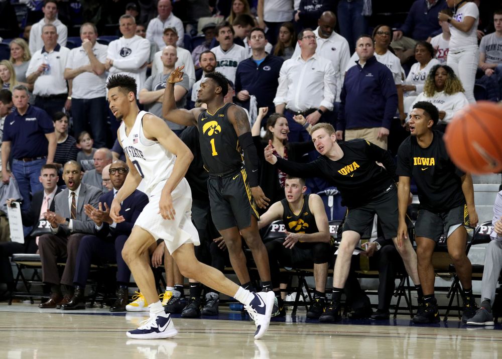 Iowa Hawkeyes guard Joe Toussaint (1) celebrates a three point basket against Penn State Saturday, January 4, 2020 at the Palestra in Philadelphia. (Brian Ray/hawkeyesports.com)