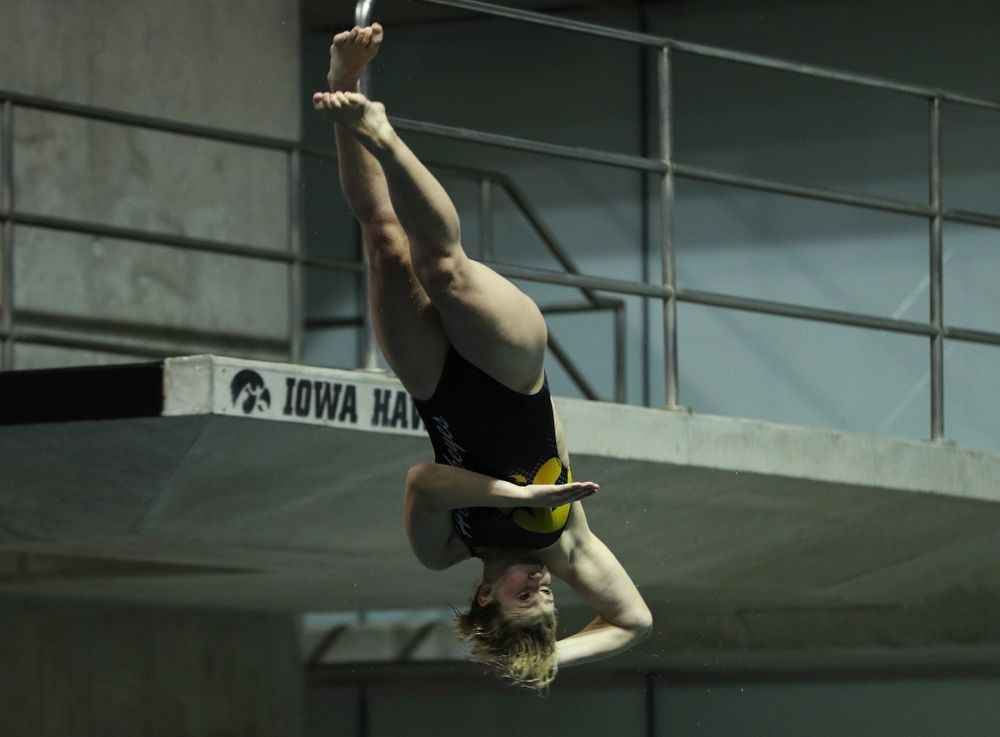 Iowa's Claire Park competes on the 1-meter springboard against the Iowa State Cyclones in the Iowa Corn Cy-Hawk Series Friday, December 7, 2018 at at the Campus Recreation and Wellness Center. (Brian Ray/hawkeyesports.com)