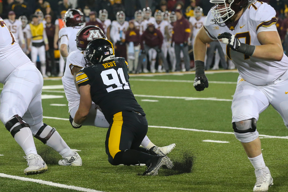 Iowa Hawkeyes defensive lineman Brady Reiff (91) during Iowa football vs Minnesota on Saturday, November 16, 2019 at Kinnick Stadium. (Lily Smith/hawkeyesports.com)