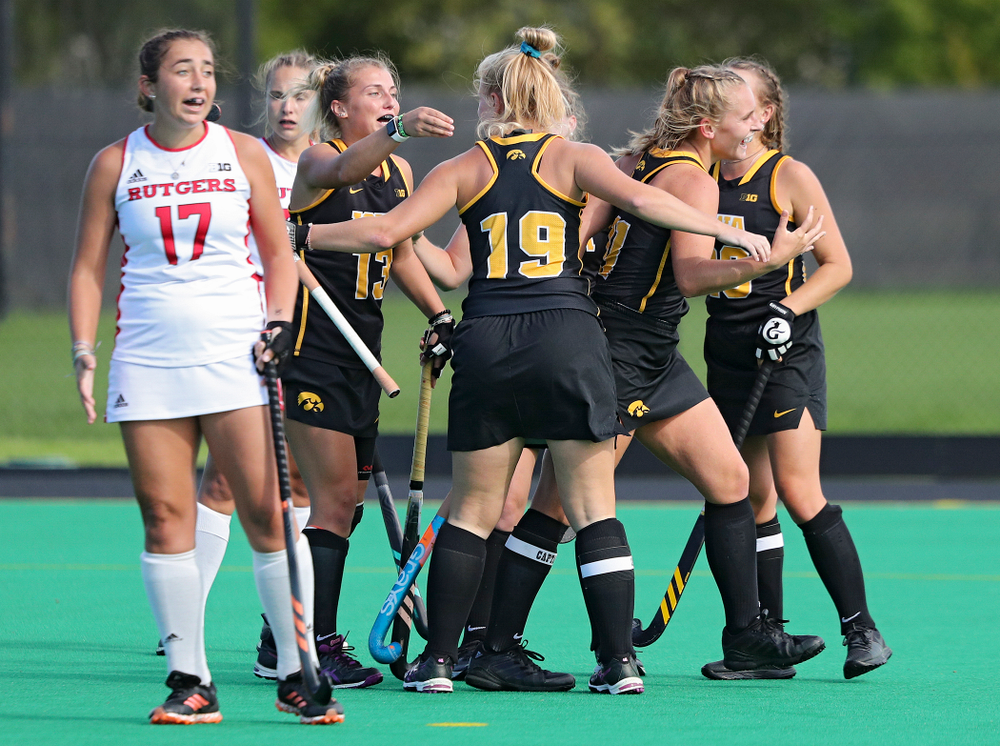 Iowa’s Leah Zellner (13) celebrates with teammates after scoring a goal during the third quarter of their match at Grant Field in Iowa City on Friday, Oct 4, 2019. (Stephen Mally/hawkeyesports.com)
