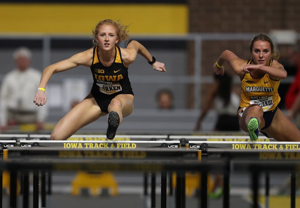 Iowa's Kylie Morken competes in the 60-meter hurdles during the Black and Gold Premier meet Saturday, January 26, 2019 at the Recreation Building. (Brian Ray/hawkeyesports.com)