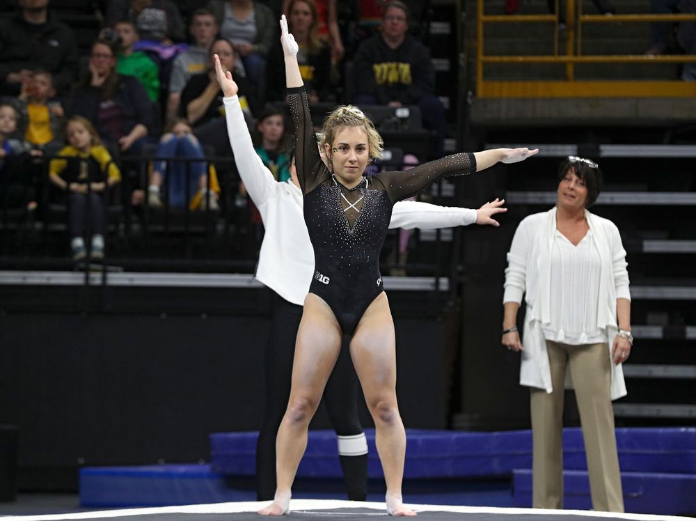 Iowa’s Alex Greenwald competes on the floor during their meet at Carver-Hawkeye Arena in Iowa City on Sunday, March 8, 2020. (Stephen Mally/hawkeyesports.com)