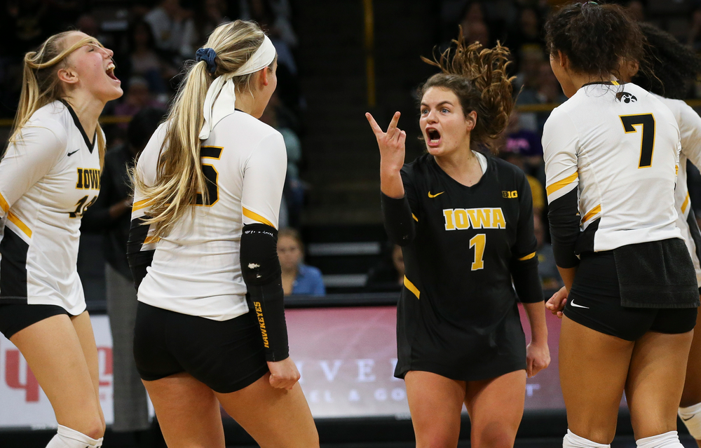 Iowa Hawkeyes defensive specialist Molly Kelly (1) reacts after winning a point during a game against Purdue at Carver-Hawkeye Arena on October 13, 2018. (Tork Mason/hawkeyesports.com)