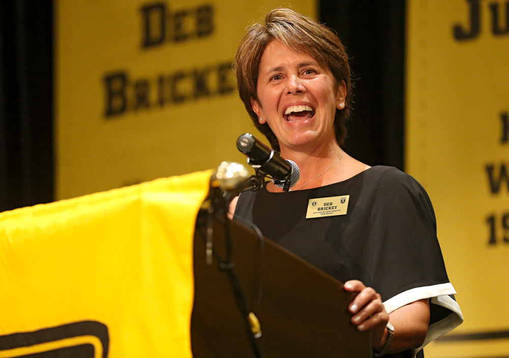2019 University of Iowa Athletics Hall of Fame inductee Deb Brickey speaks during the Hall of Fame Induction Ceremony at the Coralville Marriott Hotel and Conference Center in Coralville on Friday, Aug 30, 2019. (Stephen Mally/hawkeyesports.com)