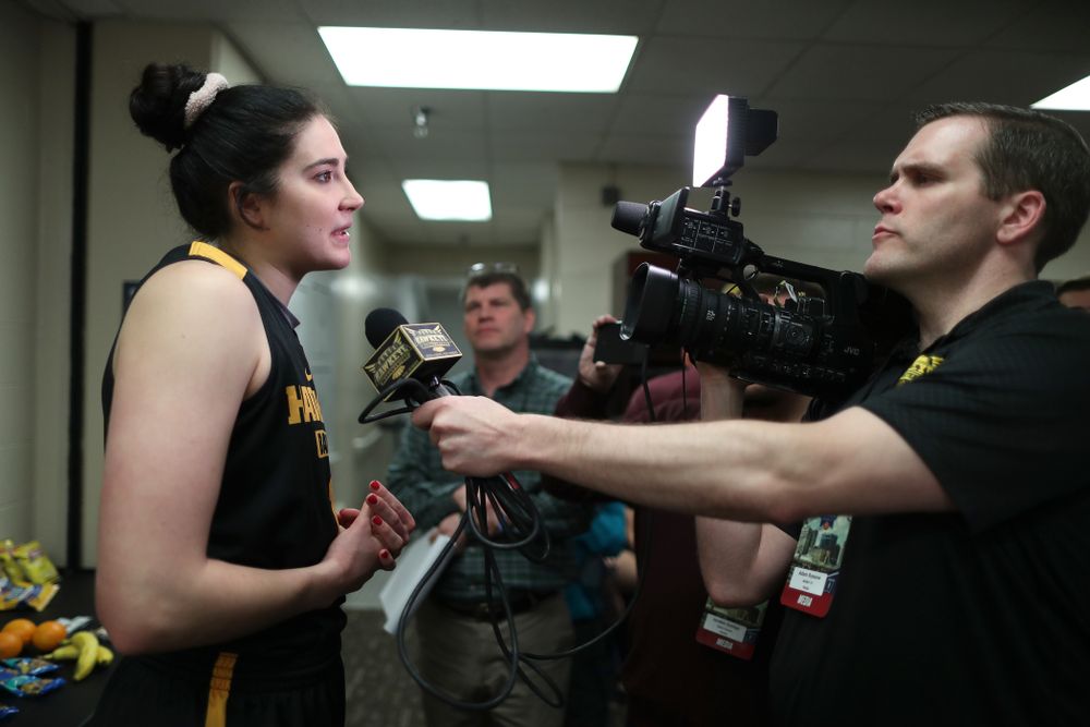 Iowa Hawkeyes forward Megan Gustafson (10) during practice and media before the regional final of the 2019 NCAA Women's College Basketball Tournament against the Baylor Bears Sunday, March 31, 2019 at Greensboro Coliseum in Greensboro, NC.(Brian Ray/hawkeyesports.com)