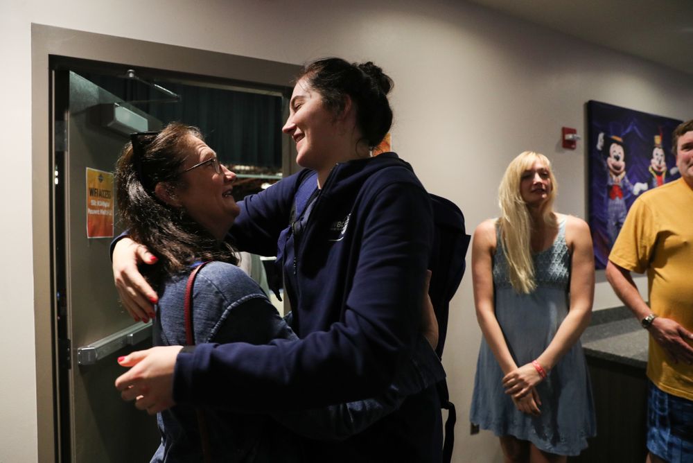 Iowa Hawkeyes forward Megan Gustafson (10) receives US Basketball Writers Association Ann Meyers Drysdale Player of the Year award from Ann Meyers Drysdale during a news conference Friday, April 5, 2019 at Amalie Arena in Tampa, FL. (Brian Ray/hawkeyesports.com)