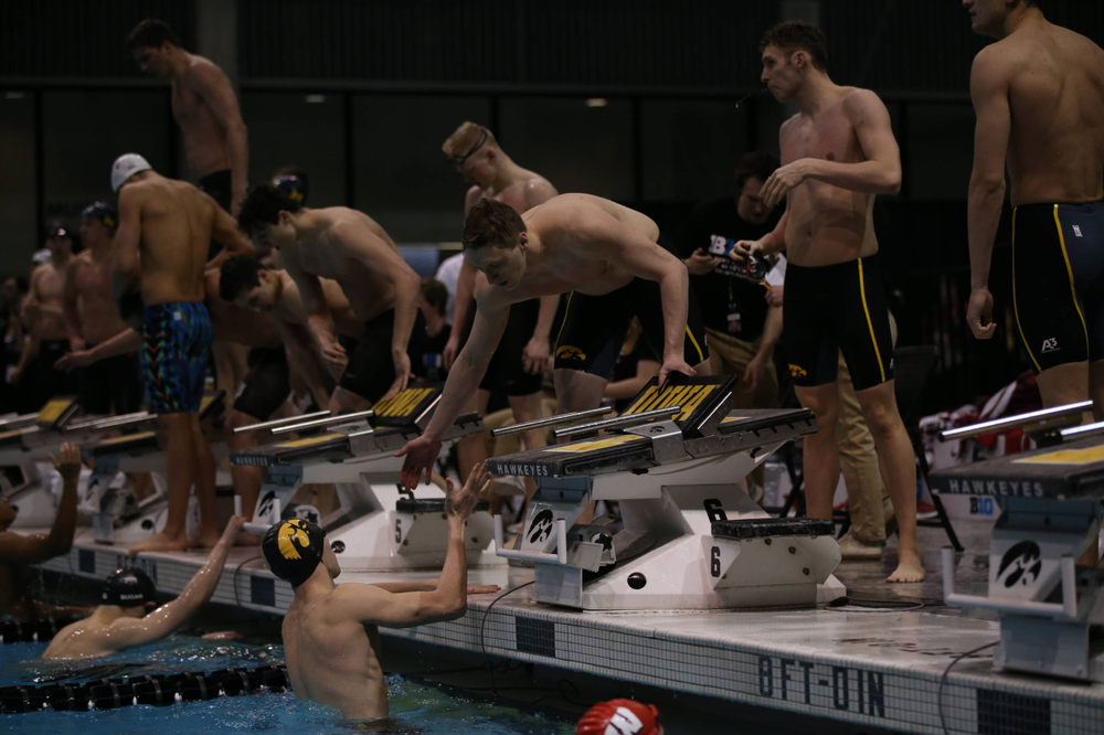 Iowa's A team competes at the 200-yard freestyle relay race Friday, March 1, 2019 at the Campus Recreation and Wellness Center. (Lily Smith/hawkeyesports.com)