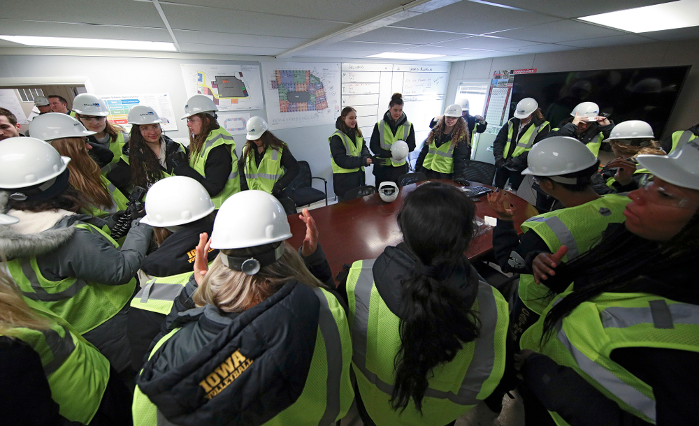 The Iowa Volleyball team and staff puts on personal protective equipment as they prepare to take a construction tour of Xtream Arena in Coralville on Thursday, January 30, 2020. (Stephen Mally/hawkeyesports.com)