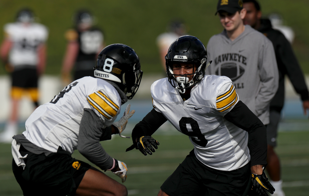Iowa Hawkeyes defensive back Geno Stone (9) runs a drill during Holiday Bowl Practice No. 3 Tuesday, December 24, 2019 at San Diego Mesa College. (Brian Ray/hawkeyesports.com)