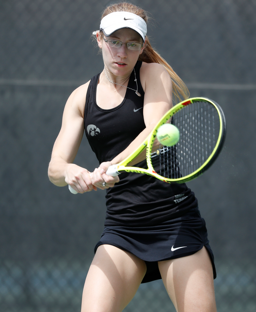 Iowa's Montana Crawford against the Wisconsin Badgers Sunday, April 22, 2018 at the Hawkeye Tennis and Recreation Center. (Brian Ray/hawkeyesports.com)