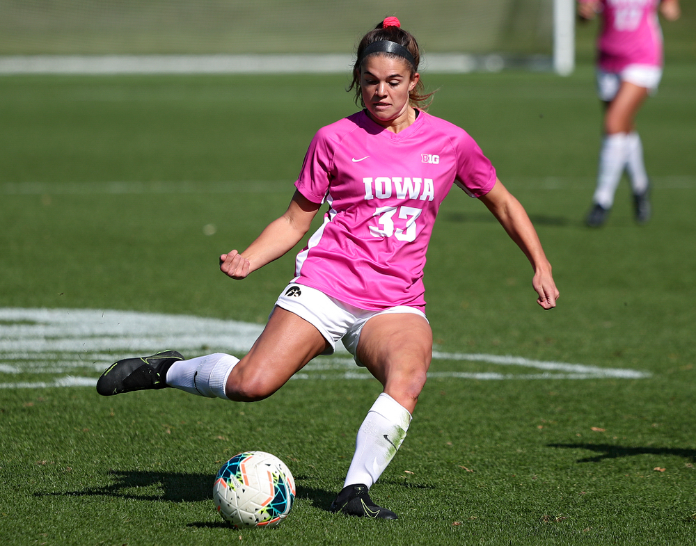 Iowa defender Riley Burns (33) lines up a shot during the first half of their match at the Iowa Soccer Complex in Iowa City on Sunday, Oct 27, 2019. (Stephen Mally/hawkeyesports.com)