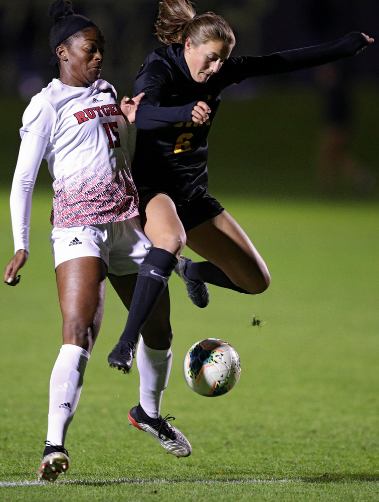 Iowa midfielder Isabella Blackman (6) tries to gain position on the ball during the first half of their match at the Iowa Soccer Complex in Iowa City on Friday, Oct 11, 2019. (Stephen Mally/hawkeyesports.com)