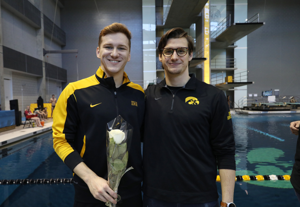 Michal Brzus is introduced during senior day before a double dual against Wisconsin and Northwestern Saturday, January 19, 2019 at the Campus Recreation and Wellness Center. (Brian Ray/hawkeyesports.com)