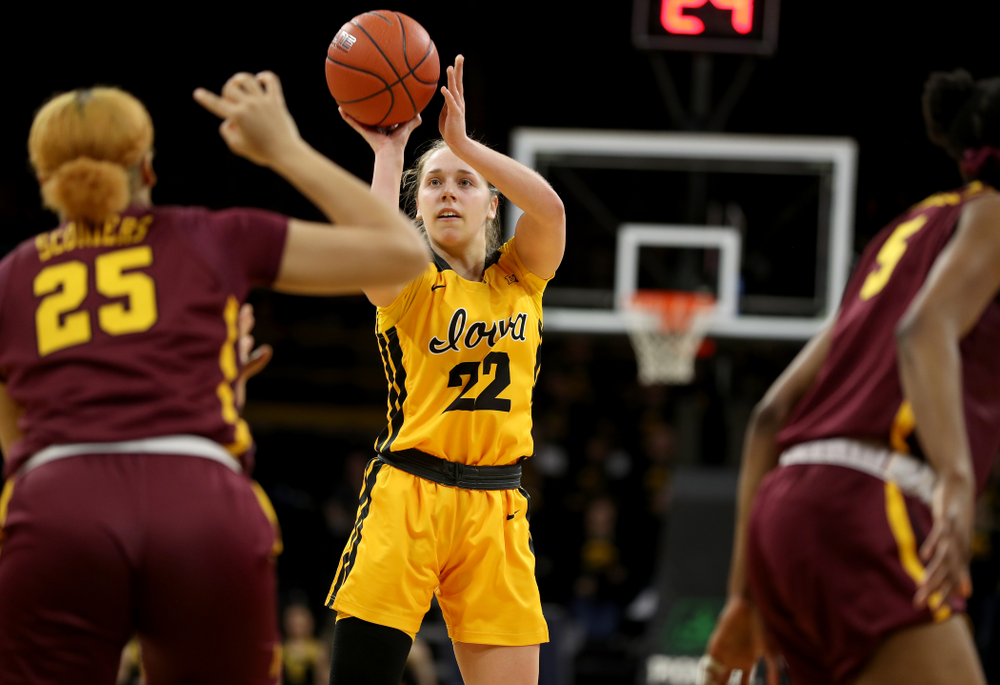 Iowa Hawkeyes guard Kathleen Doyle (22) against the Minnesota Golden Gophers Thursday, February 27, 2020 at Carver-Hawkeye Arena. (Brian Ray/hawkeyesports.com)