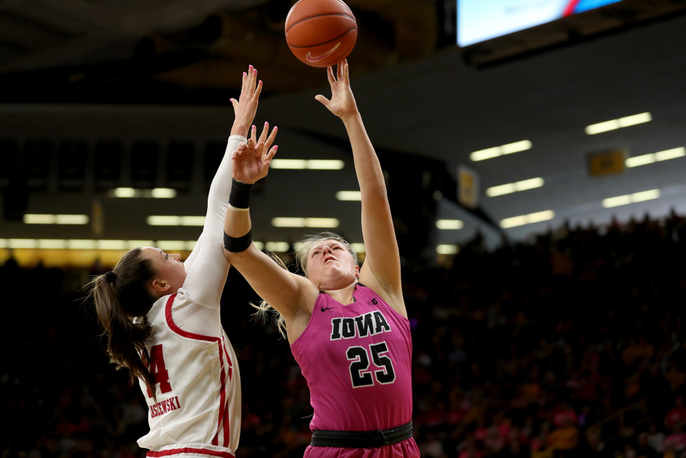 Iowa Hawkeyes forward/center Monika Czinano (25) against the Wisconsin Badgers Sunday, February 16, 2020 at Carver-Hawkeye Arena. (Brian Ray/hawkeyesports.com)