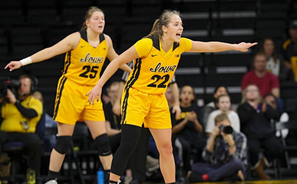 Iowa Hawkeyes guard Kathleen Doyle (22) directs traffic on defense during the fourth quarter of their game at Carver-Hawkeye Arena in Iowa City on Thursday, January 23, 2020. (Stephen Mally/hawkeyesports.com)