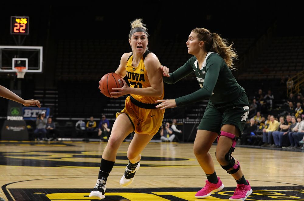 Iowa Hawkeyes forward Hannah Stewart (21) against the Michigan State Spartans Thursday, February 7, 2019 at Carver-Hawkeye Arena. (Brian Ray/hawkeyesports.com)