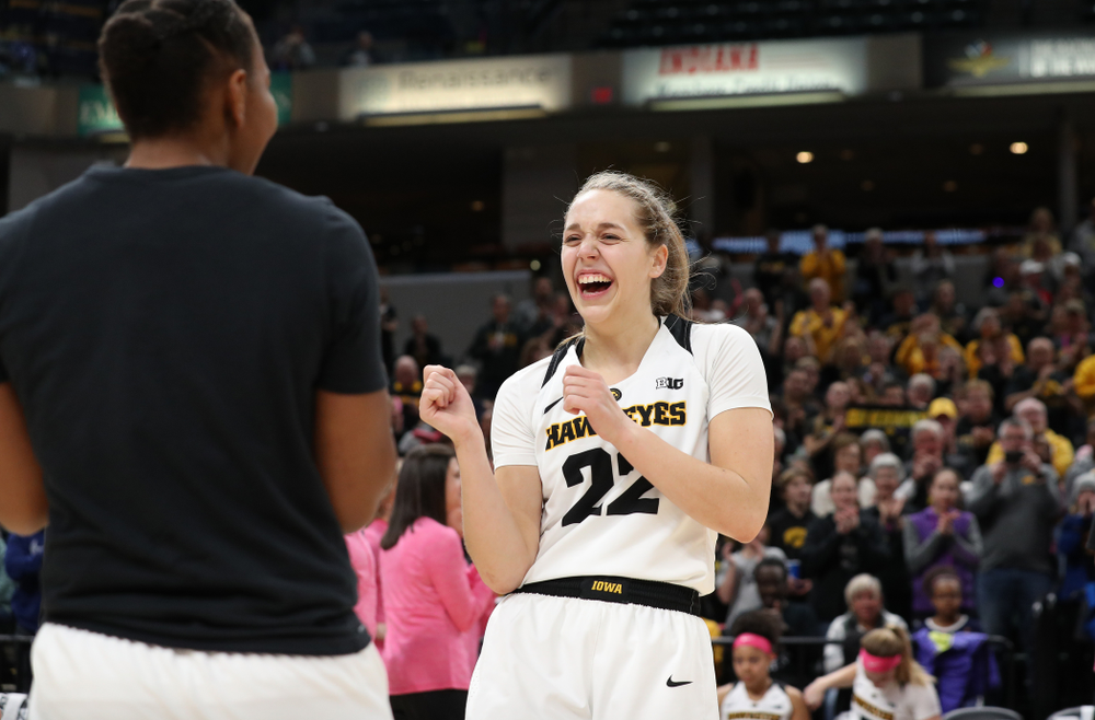 Iowa Hawkeyes guard Kathleen Doyle (22) against the Rutgers Scarlet Knights in the semi-finals of the Big Ten Tournament Saturday, March 9, 2019 at Bankers Life Fieldhouse in Indianapolis, Ind. (Brian Ray/hawkeyesports.com)