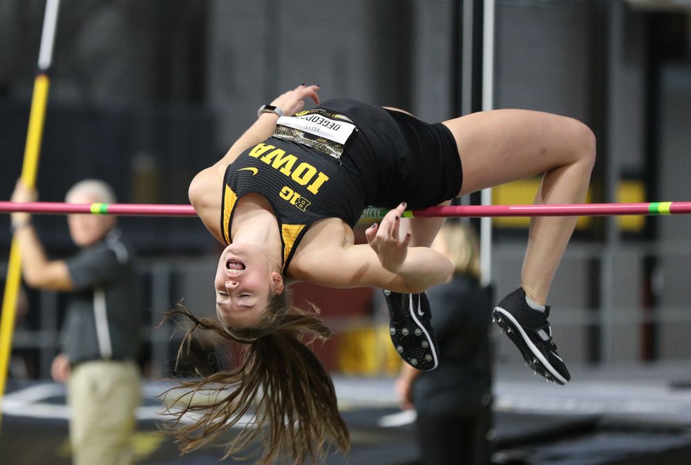 Iowa's Kelli DeGeorge competes in the high jump during the 2019 Larry Wieczorek Invitational Friday, January 18, 2019 at the Hawkeye Tennis and Recreation Center. (Brian Ray/hawkeyesports.com)