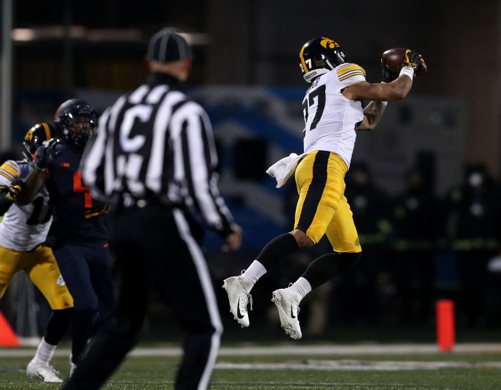 Iowa Hawkeyes defensive back Amani Hooker (27) intercepts a pass against the Illinois Fighting Illini Saturday, November 17, 2018 at Memorial Stadium in Champaign, Ill. (Brian Ray/hawkeyesports.com)