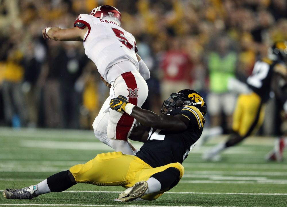 Iowa Hawkeyes linebacker Amani Jones (52) against the Miami RedHawks Saturday, August 31, 2019 at Kinnick Stadium in Iowa City. (Brian Ray/hawkeyesports.com)