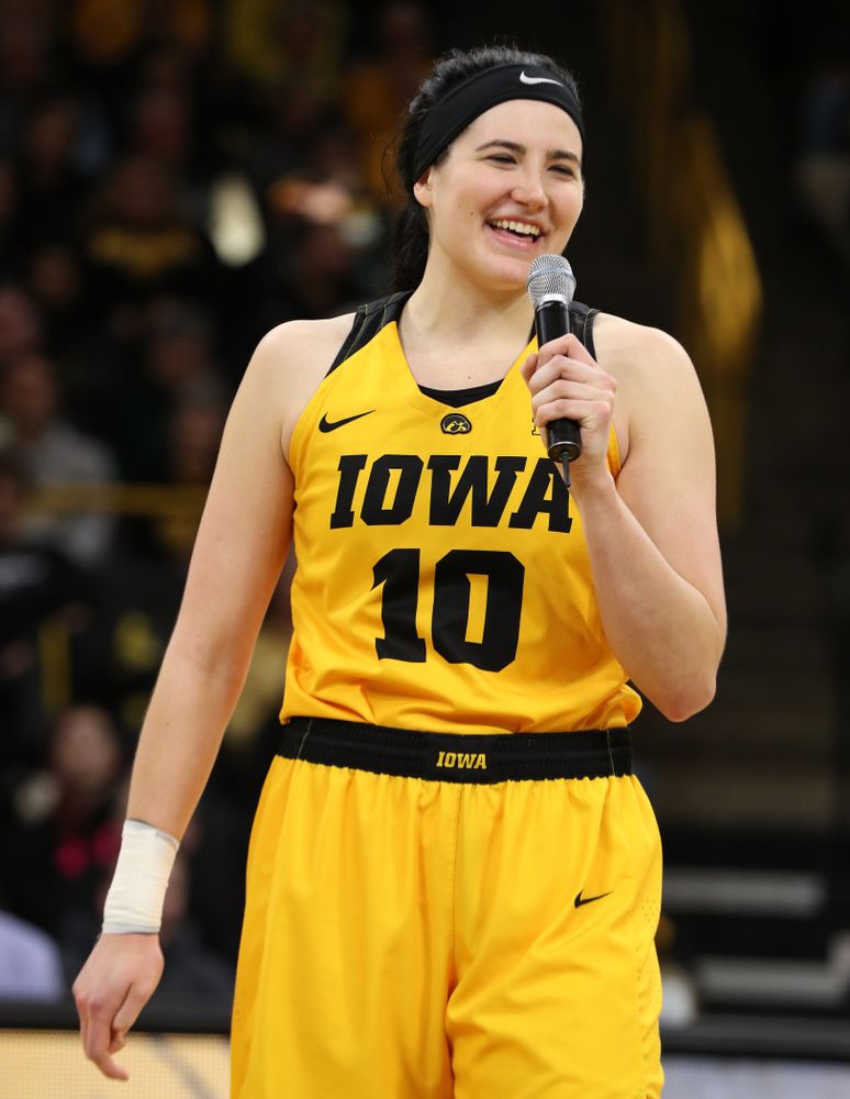 Iowa Hawkeyes forward Megan Gustafson (10) during senior day ceremonies following their game against the Northwestern Wildcats Sunday, March 3, 2019 at Carver-Hawkeye Arena. (Brian Ray/hawkeyesports.com)